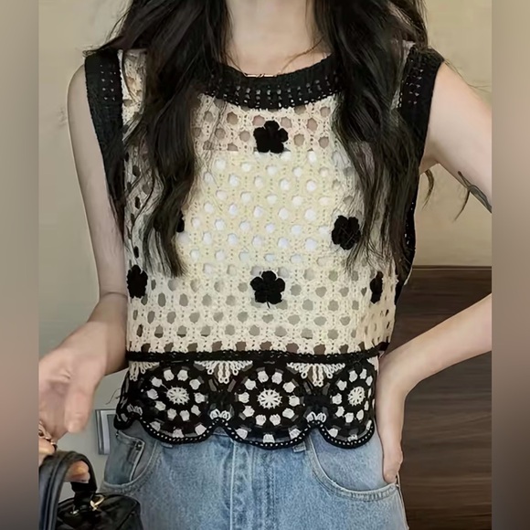 Boho Knit Crochet Floral Vest; Open Knit Boho Floral Vest - Picture 3 of 5